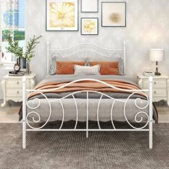 White Queen Metal Bed Frame with Sturdy Steel Slat by Wateday -Wateday Sales Store white wateday panel beds yj yuki9596558 31 1000