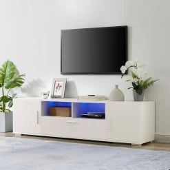 63 in. White TV Stand with 1-Drawer Fits TV's up to 65 in. with LED Lights, 2 Doors by Wateday -Wateday Sales Store white wateday tv stands yj yuki9595939 c3 1000