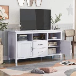 57 in. White TV Stand with 2 Drawers Fits TV's up to 68 in. by Wateday -Wateday Sales Store white wateday tv stands yj yuki9596485 4f 1000